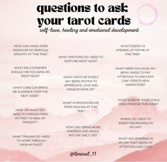 a pink poster with the words questions to ask your tarot cards