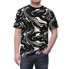 Wavy Black and White floating Ink Pattern T-shirt Trendy Black T-shirt With All Over Print, Black T-shirt With All Over Print, Relaxed Fit, Black Relaxed Fit Top With All Over Print, Hot Day, Hot Days, Light Fabric, Knit Fabric, Knitted Fabric, Floating