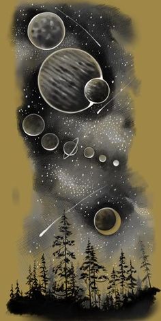 an artistic drawing of trees and planets in the sky