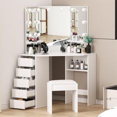 PRICES MAY VARY. NOTICE: This corner vanity with mirror and lights is shipped in two separate packages (Box A and Box B) and should be installed only after receiving both packages. Adjustable Lighting and Spacious Mirror: Equipped with 10 LED bulbs with adjustable brightness and three light modes, this makeup table provides a large mirror for creating the perfect makeup look every day. Ample Storage: With a large desktop, 5 drawers, 2 shelves, and additional storage space, this vanity offers ple Corner Vanity Table, Corner Makeup Vanity, Corner Dressing Table, Vanity Desk With Mirror, Desk With Mirror, Corner Vanity, Bedroom Makeup Vanity, Mirrored Vanity Desk, Dressing Table Design