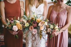 three bridesmaids holding their bouquets with names on them