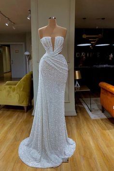 Plunging V-neck Sparkle White Sequined Strapless Prom Dress-Ballbella Cheap Prom Dresses Long, 2020 Prom Dresses, Strapless Prom Dress, Sequin Prom Dress, Prom Dresses Online, Mermaid Prom Dresses, Express Dresses, Formal Evening Dresses, Custom Dresses