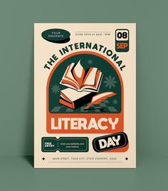 the international library day poster with an open book on it's front and back cover