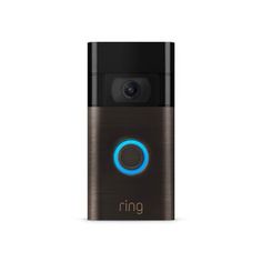 the ring video camera is shown with its blue light on it's front end