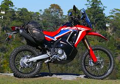 a red, white and blue dirt bike parked on the side of a hill with trees in the background