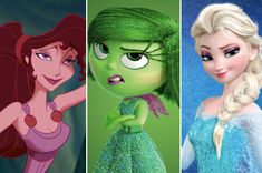 four different disney princesses with green hair