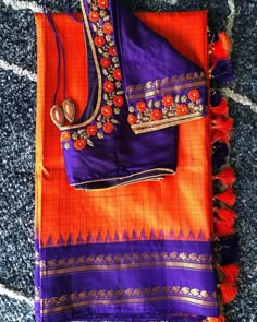 Magam Work Designs Latest Simple, Orange And Violet Pattu Saree, Maggam Work For Purple Blouse, Purple Blouse Maggam Work, Purple Color Blouse Maggam Work, Purple Resham Embroidery Blouse For Puja, Boat Neck Blouse Design