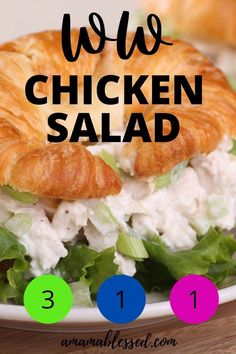 A WW Chicken Salad sandwich with lettuce sits on a plate on a table. The pin displays the point values for each WW plan. Ww Zero Point Chicken Salad, Ww Chicken Salad Weight Watchers, Ww Chicken Salad Recipe, Zero Point Chicken Salad, Ww Chicken Salad, Weight Watchers Chicken Salad Recipe, Weight Watchers Chicken Salad, Ww Sandwiches, Ww Salads