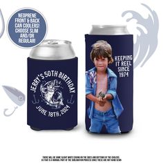 a can cooler with an image of a shirtless boy holding a fish on it