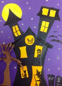 a paper cut out of a house with bats and pumpkins on the roof, in front of a purple background