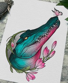 a watercolor drawing of an alligator with pink flowers