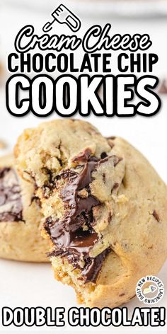 chocolate chip cookies are stacked on top of each other with the words, double chocolate chip cookies