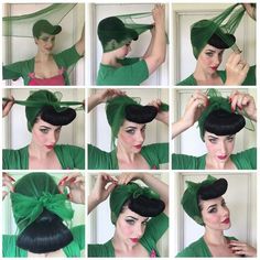 Pin up hair Bumper Bangs, Cabelo Pin Up, Retro Updo, Vintage Hairstyle, 1940s Hairstyles, Rockabilly Hair, Hair Scarf Styles, Tutorial Ideas