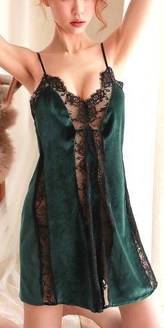 $24.90 - Sexy Dark Green And Black Short Nightgown Mini Length with black floral lace. This luxury nightwear nightie will make your irresistible. Romantic seductive aesthetic nightdress for elegant ladies and luxurious women.  Follow us for more sleepwear ideas. Green Sleeveless Party Sleepwear, Green V-neck Nightgown For Sleep, Green Spaghetti Strap Night Dress, Green Spaghetti Strap Dress For Night, Elegant Green Mini Dress With Lace Trim, Fitted Green Dress For Night, Green Sheer Sleepwear, Green Lace Trim Nightgown For Loungewear, Elegant Fitted Green Sleepwear