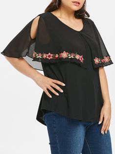 Plus Size V Neck Flower Embroidered T-shirt - Black - 3470301117 - Women's Clothing, Plus Size Women's Clothing  #PlusSizeWomensClothing #Women's #Clothing # #Plus #Size #Women's #Clothing Neck Flower, Silk Robe, Fashion Plus Size, Trendy Plus Size Clothing, Plus Size Womens Clothing, Embroidered Tshirt, Fashion Seasons, Plus Size Blouses, Plus Size T Shirts