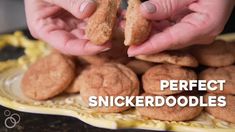 a person is holding some food on a plate with the words perfect snickkerdoodleles