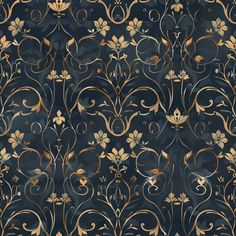 a black and gold wallpaper with swirly vines on the side, in an ornate pattern