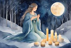 a painting of a woman sitting in the snow next to candles