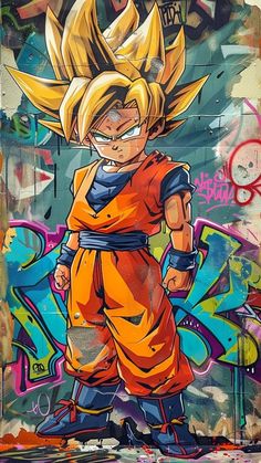 a painting of gohan in front of a graffiti wall