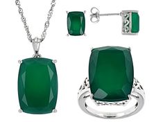 20x14mm and 8x6mm rectangular cushion green onyx rhodium over sterling silver ring, earrings and necklace boxed set. Pendant measures approximately 1 1/8"L X 9/16"W with 18" singapore chain. 3mm bail and lobster claw clasp with a 2" extender. Stud earrings measure approximately 5/16"L X 3/16"W with tension post backings. Solitaire ring measures approximately 3/4"L X 1/16"W. Not sizeable. Elegant Green Jewelry With Polished Finish, Fine Jewelry With Polished Finish, Fine Jewelry With Polished Finish And Rectangular Shape, Fine Jewelry With Polished Rectangular Stone, Emerald Cut Jewelry With Polished Finish As Gift, Rectangular Fine Jewelry With Polished Finish, Classic Green Jewelry With Polished Finish, Formal Sterling Silver Jewelry With Rectangular Stone, Green Rectangular Fine Jewelry