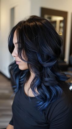 23 Gorgeous Blue Highlights Hairstyles To Transform Your Look Ombre Hair Colors Ideas, Long Hair Dye Ideas Coloring, Dark Brown Hair With Peekaboo Color, Navy Blue Highlights In Brown Hair, Midnight Blue Hair Ombre, Blue Layered Hair, Blue Highlights In Black Hair, Blue Colored Hair, Blue And Brown Hair