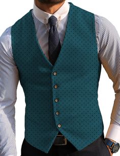 30% Wool / 60% Polyester / 10% Rayon. Patterned. V Lapel. Single Breasted 5 Buttons. Back metal elastic adjustment buckle. Full lined. Machine wash / Hand wash. Color or size customization please note in the orde Teal Vest, Wedding Royal, Herringbone Suit, Double Breasted Waistcoat, Mens Waistcoat, Hunting Vest, Mens Suit Vest, Stand Collar Jackets, Linen Suits