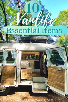 an rv with the words 10 vanlife essential items