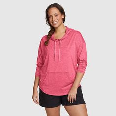 Women's Resolution Stretch Hoodie | Eddie Bauer Recycled Polyester Long Sleeve Activewear For Outdoors, Long Sleeve Activewear In Recycled Polyester For Outdoors, 4-way Stretch Long Sleeve Activewear For Outdoor, Hooded Recycled Polyester Activewear For Outdoor, Solid Activewear With Upf 50+ For Workout, Athleisure Hoodie With Drawstring For Hiking, Sporty Hoodie With Drawstring Hood For Hiking, Athleisure Hoodie With Adjustable Hood For Hiking, Moisture-wicking Relaxed Fit Hoodie For Workout