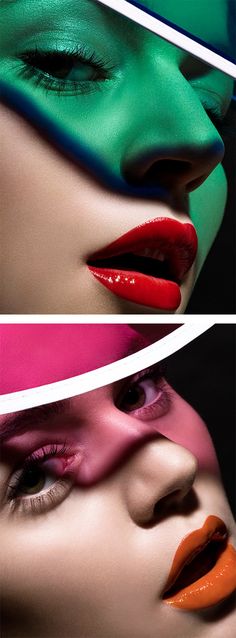 three different images of women's face with colorful makeup and accessories on their faces