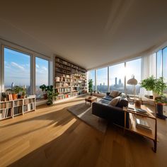 a living room filled with lots of furniture and tall windows next to a book shelf