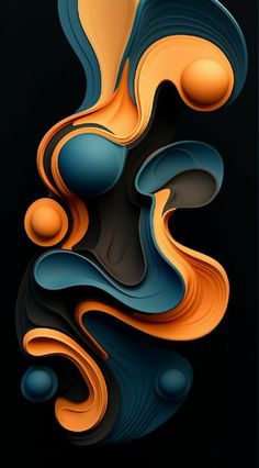 an abstract art piece with orange and blue shapes on black background, in the shape of waves