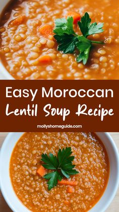 two bowls of lentil soup with carrots and parsley garnish on top