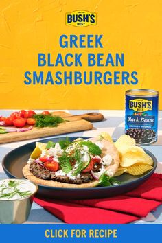 an advertisement for bush's greek black bean smashburgers on a table with chips and dips