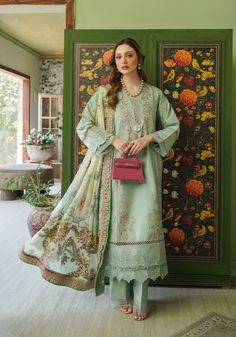 Brand: ZarqashProduct Code: ZQT 009 GISELLECollection: Zarqash Tresor Unstitched Luxury Lawn CollectionFabric: Lawn DESCRIPTION Behold ‘ Giselle’, a celestial masterpiece draped in the softest hue of pistachio mint, where ivory embroideries dance in harmonious abandon, adorning every inch with a tale of elegance. Mirrored tinsels, like twinkling stars, playfully mingle with the threads, casting a spell of enchantment upon the beholder. Paired with tonal trousers, this ensemble whispers of understated opulence and refined taste. The exquisitely curated silk dupatta printed with such finesse, it could rival the strokes of a master artist. DESIGN DETAILS: Embroidered Center panel Schiffli Embroidered side panel (Right} Schiffli Embroidered side panel ( Left) Schiffli Embroidered Back Schiffli Unstitched Dress Material, Twinkling Stars, Embroidered Sleeves, Luxury Wear, Cotton Trousers, Silk Dupatta, Extra Fabric, Fabric Stores Online, Printed Silk