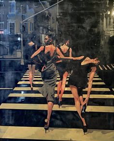 a painting of three women crossing the street in front of a man on a crosswalk