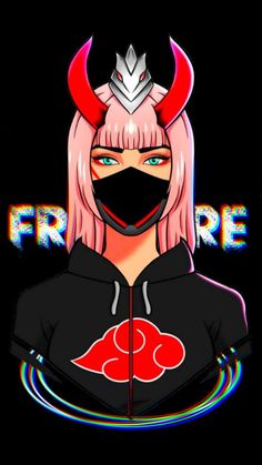 a girl with pink hair wearing a black mask and devil horns on her head, in front of the words fire