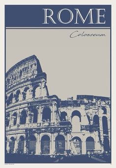 an old photo of the roman colossion in blue and white, with the word rome written on it