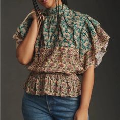 Anthropologie Let Me Be High Neck Printed Peasant Blouse Nwot Size Xxs & Large Cotton Button Back Imported Feminine Summer Tops For Gatherings, Feminine Tops For Summer Gatherings, Bohemian Summer Tops For Gatherings, Multicolor Ruffled Tops For Daywear, Summer Ruffled Tops For Gatherings, Bohemian Cotton Blouse For Layering, Ruffled Tops For Summer Gatherings, Bohemian Blouse With Ruffles For Gatherings, Multicolor Floral Print Top For Layering