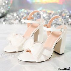 Olivia Mark - White Bow Chunky Heel Sandals with Ankle Strap for Wedding Banquets Chic Summer Wedding Guest Shoes, Chic Summer Wedding Shoes, Chic Summer Wedding Guest Block Heels, Summer Ankle Strap Heels For Wedding Guests, Ankle Strap Heels For Summer Wedding Guest, Ankle Strap Heels For Wedding Guests In Summer, Synthetic Heels For Summer Wedding, Summer Wedding Shoes With Block Heel, Summer Wedding Guest Heels With Ankle Strap