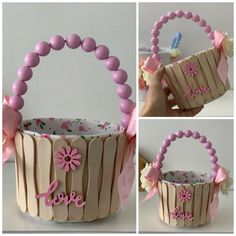 a collage of photos showing how to make a paper basket with flowers and the word love on it