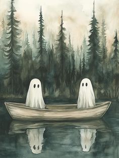 two ghost like figures floating in a boat on a lake surrounded by tall pine trees