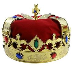 Royal Jeweled King's Crown - Costume Accessory. This King's Crown is a truly royal costume. Great to match most king's costumes or just use it as a party Hat. The crown is red with gold and colorful jewels. Very Comfortable, one size fits most. Beautiful and realistic detailing. Approx 7" diameter. Foam padding for added comfort. Color: Multicolor. Crown And Scepter, Red Fancy Dress, Crown Costume, Royal Costume, George Hats, Royalty Dress, King's Crown, King Costume, Royal Party