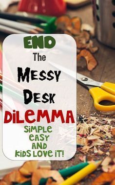 the messy desk is filled with clutter, scissors and other things to make it fun