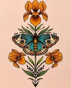 a drawing of a butterfly on top of flowers