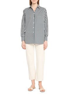 Find FRAME Oversized Stripe Pocket Shirt on Editorialist. FRAME cotton shirt featuring a stripe motif Point collar Dropped shoulders Long sleeves with button cuffs Chest pocket Oversized fit Rounded hem Buttonfront Cotton Imported Workwear Shirt With Striped Collar And Shirttail Hem, Work Shirt With Striped Collar And Shirttail Hem, Casual Vertical Stripes Workwear Blouse, Striped Tops With Button Cuffs And Relaxed Fit, Classic Relaxed Fit Blouse With Vertical Stripes, Oversized Classic Tops With Vertical Stripes, Chic Shirt With Striped Collar And Relaxed Fit, Vertical Stripes Cotton Blouse For Work, Casual Workwear Blouse With Striped Collar