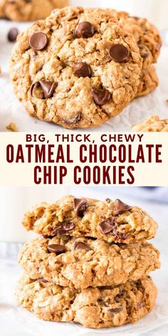 chocolate chip oatmeal cookies stacked on top of each other with text overlay