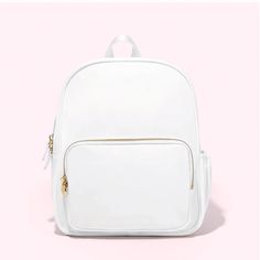 Nwt Stoney Clover Lane Classic Mini Backpack In Blanc, New In Packaging Trendy White Rectangular Leather Backpack, Trendy White Leather Shoulder Backpack, White Backpack For Errands, White Standard Backpack, White Standard Backpack For Errands, White Satchel Backpack With Zipper Closure, White Leather Backpack With Zipper For Daily Use, White Leather Backpack With Zipper For School, White Leather School Backpack With Zipper Closure