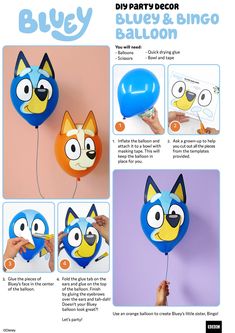 the instructions for how to make a blue and white balloon with an angry cat face