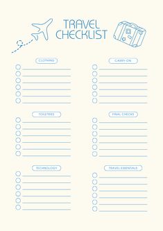 a travel checklist is shown with an airplane and suitcase on the list, in blue