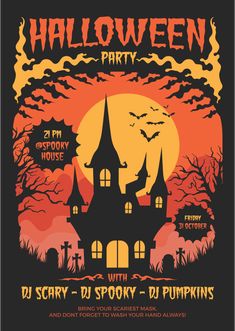 a halloween party poster with an image of a spooky house and bats in the background